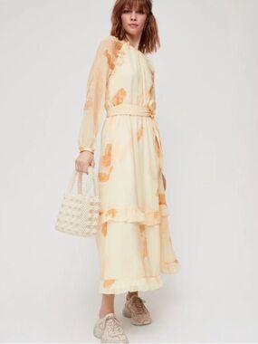 Little Moon Verbenna Ruffled Peasant Midi Dress Yellow Floral Chiffon NO BELT